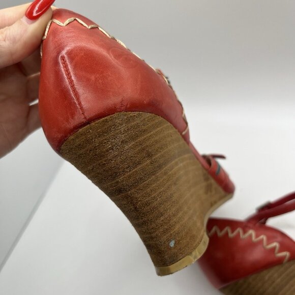 Bronx Women’s Red Leather Wedge Sandals Size 37 EU, US 6.5-7 Embroidered Brazil - Picture 9 of 13